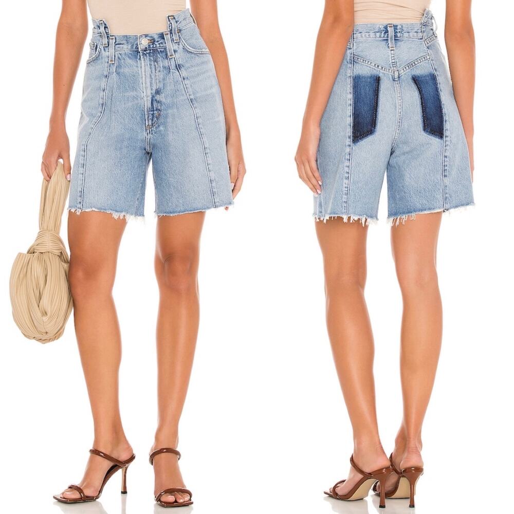 AGOLDE Pieced Angled Denim Shorts Women’s Size 24 Raw Hem Matrix Blue